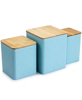 MegaChef 3 Piece Square Iron Kitchen Canister Set with Bamboo Lids in Turquoise