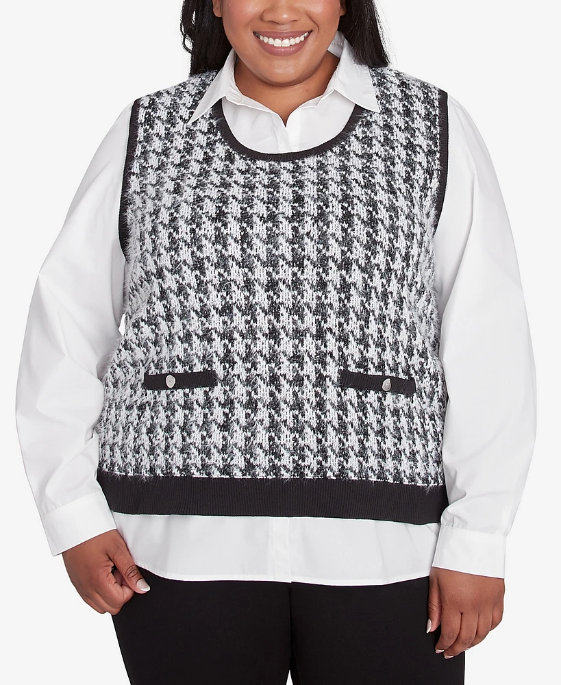 Alfred Dunner Plus Size Runway Ready Houndstooth Two in One Collared Sweater