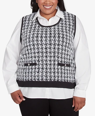 Alfred Dunner Plus Size Runway Ready Houndstooth Two in One Collared Sweater
