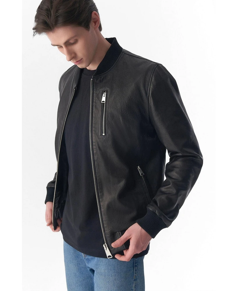 Furniq Uk Men's Genuine Leather Bomber Jacket, Natural Grain Black