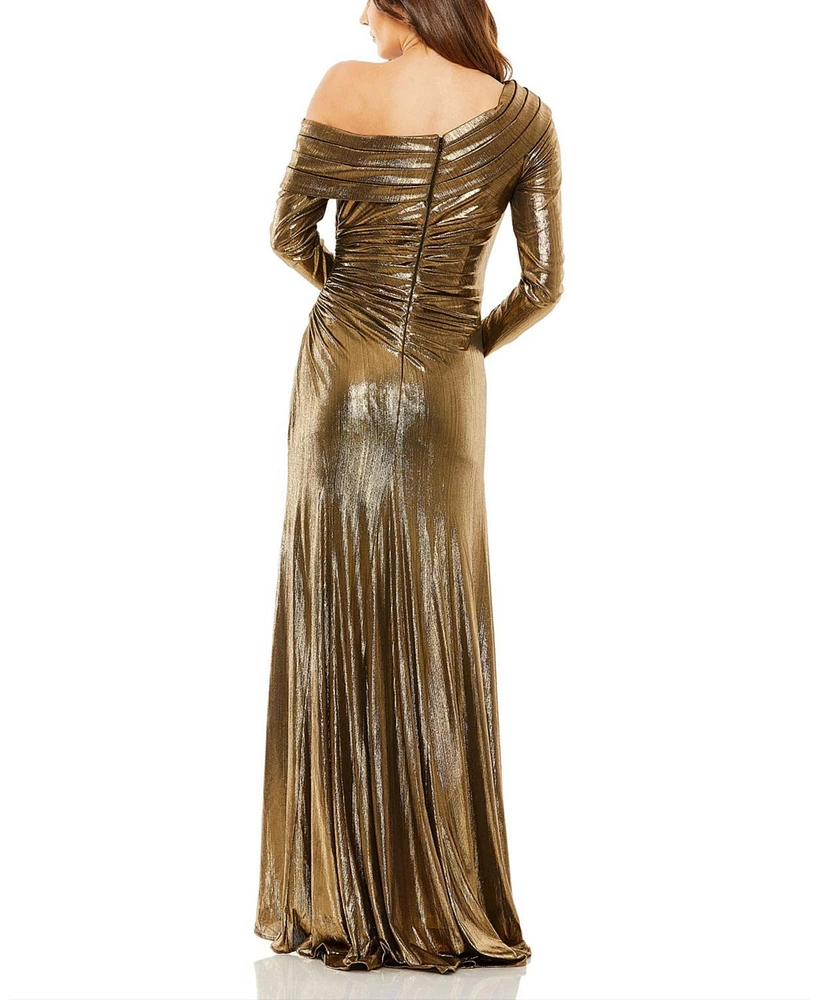 Mac Duggal Women's Long Sleeve Off The Shoulder Metallic Gown