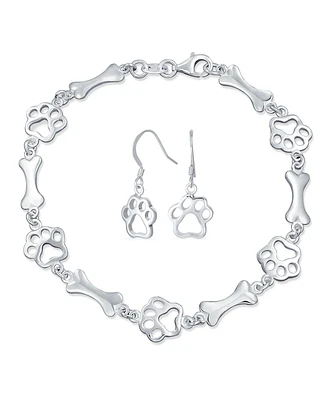 Bling Jewelry Dog Bone & Paw Print Layering Chain Link Bracelet & Earrings Set Sterling Silver