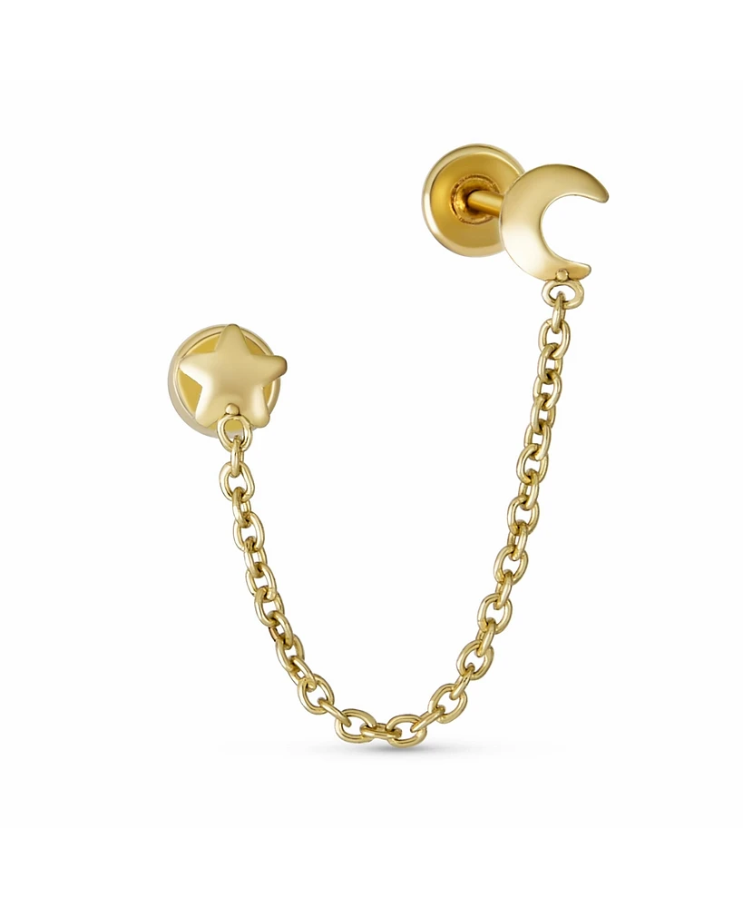 Bling Jewelry Tiny Simple Yellow 10K Gold Double Piercing Chain Celestial Crescent Moon & Star 1pc Stud Two Hole Earring Ear Lobe Cartilage