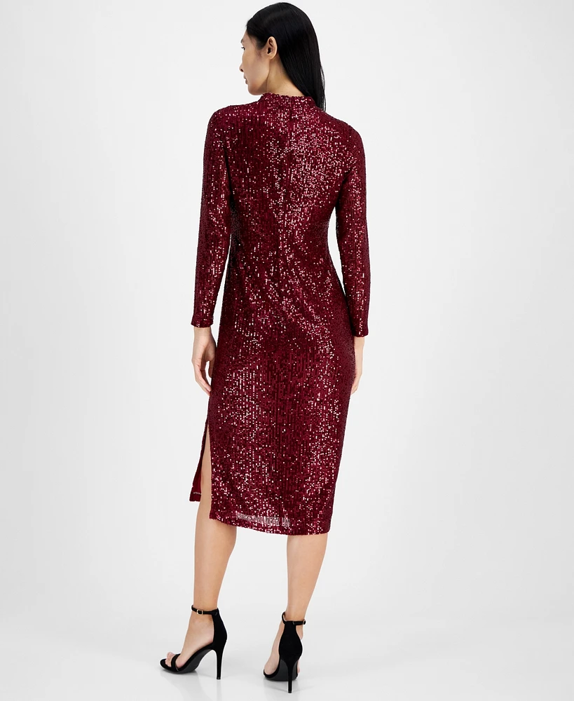 Anne Klein Women's Mock-Neck Sequin Midi Dress