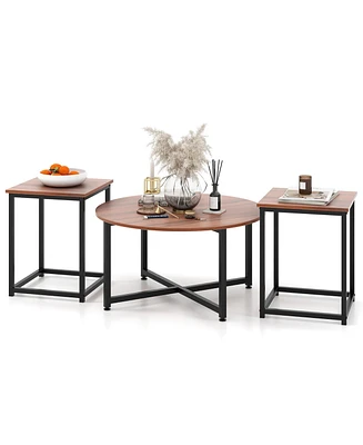 Gymax Round Nesting Table Set of 3 Modern/Farmhouse Coffee Table w/2 End Tables Walnut & Black