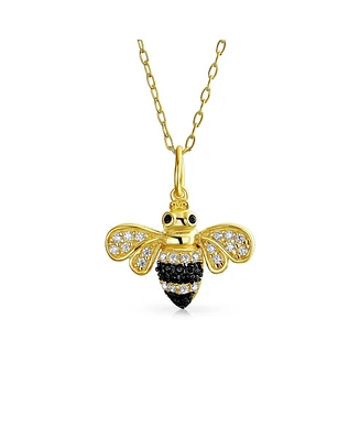 Bling Jewelry Elegant Queen Bee Pendant Necklace - Black and Golden Cubic Zirconia, 14K Yellow Gold Plated