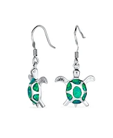 Bling Jewelry Nautical Aquatic Tropical Beach Vacation Iridescent Green Created Opal Inlay Sea Tortoise Turtle Dangle Drop Earrings .925 Sterling Silv