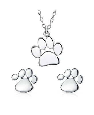 Bling Jewelry Animal Dog Cat Paw Print Pendant Necklace & Stud Earrings Set Sterling Silver