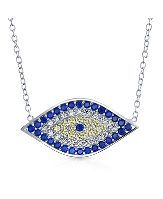 Bling Jewelry Turkish Blue Yellow Pave Cz Spiritual Protection Amulet Evil Eye Pendant Station Necklace .925 Sterling Silver