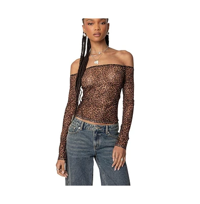 Edikted Womens Leopard Sheer Mesh Off Shoulder Top