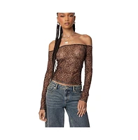 Edikted Womens Leopard Sheer Mesh Off Shoulder Top
