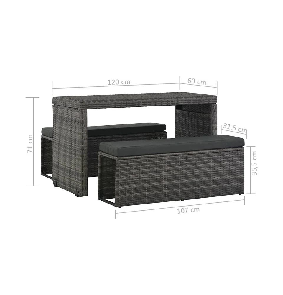 vidaXL 3 Piece Patio Dining Set with Cushions Poly Rattan Gray