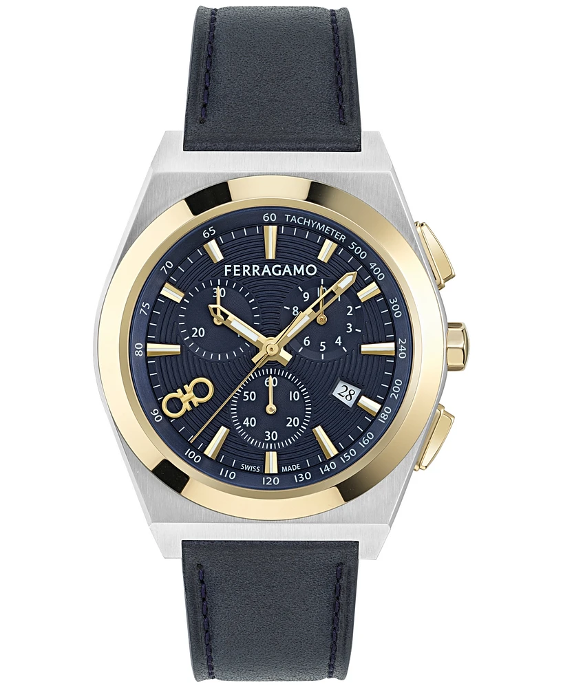 Ferragamo Men's Swiss Chronograph Vega Blue Leather Strap Watch 42mm