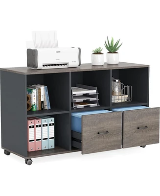 Tribesigns 2 Drawers Lateral File Cabinets, Home Office 43-inch Mobile Wood Filing Cabinet Printer Stand with Wheels and Open Storage Shelves,Drawers