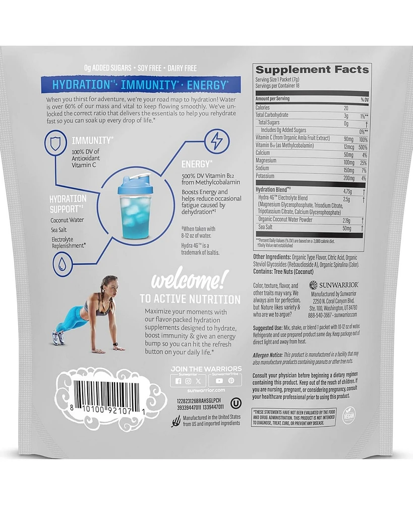 Sunwarrior Active Hydration Blue Raspberry Powder, Sugar Free B12 Elderberry and Electrolytes Water Enhancer, Sunwarrior, 18 stick packs 126g pouch