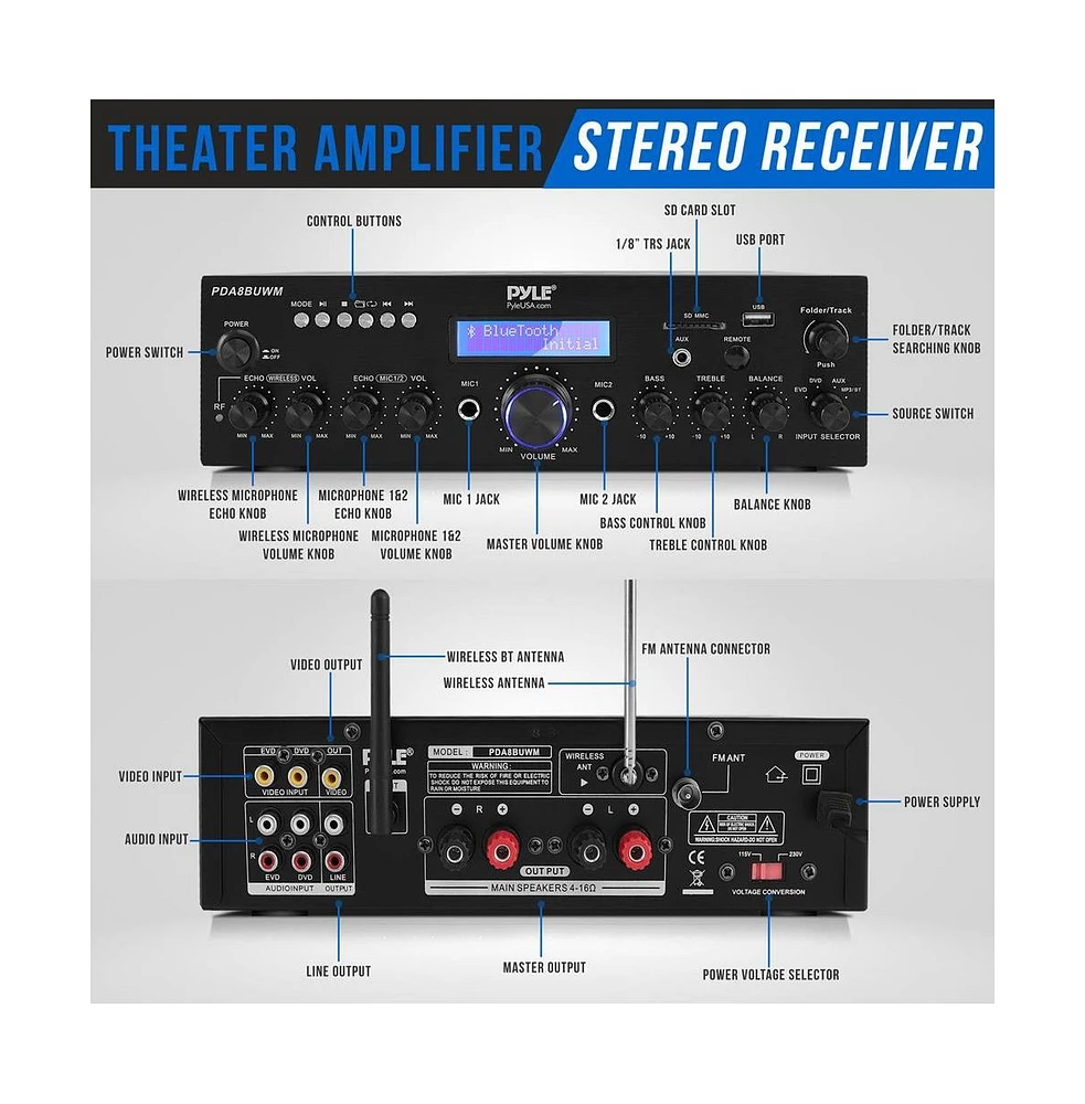 Pyle Bluetooth Stereo Amplifier Receiver With Uhf Wireless Microphone, MP3/Usb/Sd/Aux/Fm Radio, 200 Watt