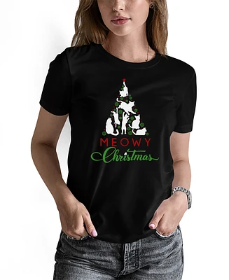 La Pop Art Women's Meowy Christmas Tree Word Crew Neck T-Shirt
