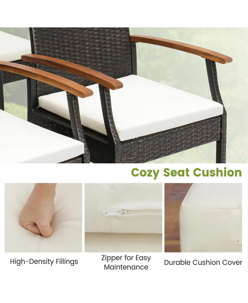 4PCS Patio Pe Wicker Chairs Acacia Wood Armrests with Soft Zippered Cushion Balcony