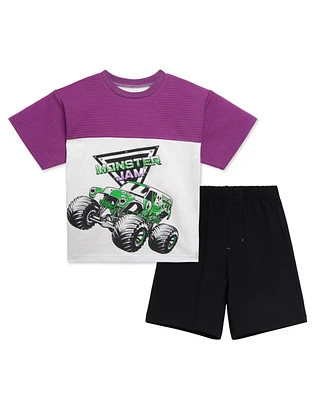 Monster Jam Boys Grave Digger Ottoman Ribbed T-Shirt and French Terry Shorts Outfit Set