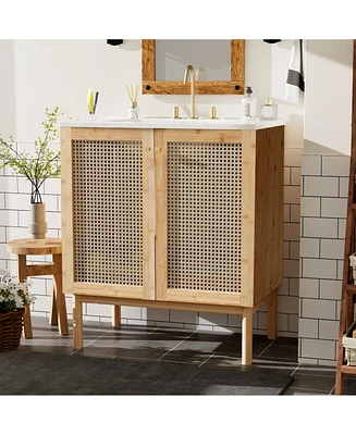 30-inch bathroom vanity crafted from natural materials, featuring handmade rattan doors and soft-closing mechanisms