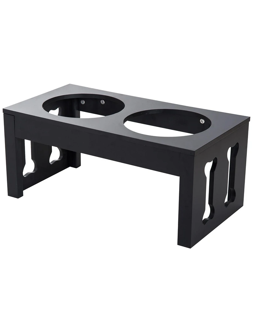 23" Modern Decorative Dog Bone Wooden Heavy Duty Pet Food Bowl Elevated Feeding Station - Black