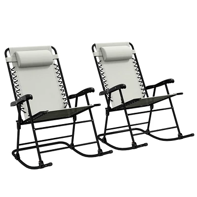 2 Piece Outdoor Rocking Chair Set, Patio Folding Lawn Rocker Set with Headrests for Yard, Patio, Deck, Backyard, Cream White