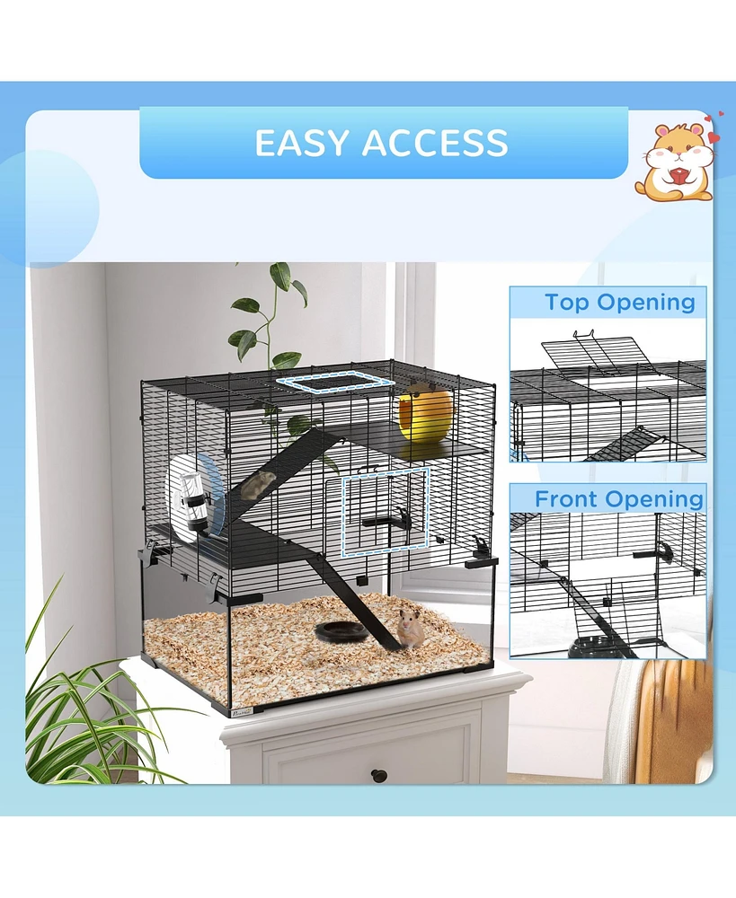 Hamster Cage, 23.5" Gerbil Cage with Glass Basin, Ramps, Platforms, Hut, Exercise Wheel, for Small Hamsters, Black