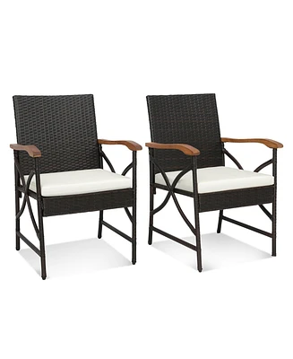 2PCS Patio Pe Wicker Dining Chairs with Soft Zippered Cushions Armchairs