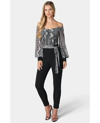 bebe Women's Printed Mesh Off Shoulder Catsuit