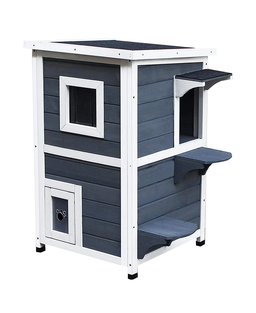 Outdoor Cat House with Escape Door, Weatherproof 2-Story Wooden Feral Cat Shelter with Opening Asphalt Roof, Dark Gray