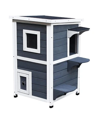 Outdoor Cat House with Escape Door, Weatherproof 2-Story Wooden Feral Cat Shelter with Opening Asphalt Roof, Dark Gray