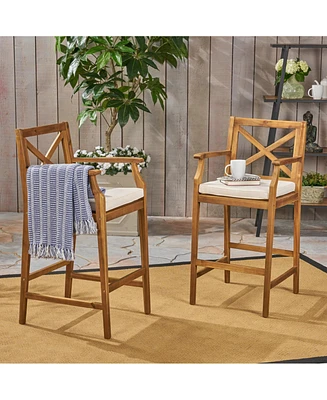 Acacia Wood Outdoor Barstools With Water-Resistant Cushions (Set Of 2)