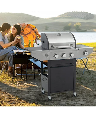 Propane Grill 3 Burner Barbecue Grill Stainless Steel Gas Grill with Side Burner, 37,000 Btu Outdoor Cooking, Patio, Garden Barbecue Grill, Black and