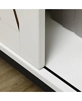 Farmhouse Sideboard Buffet Cabinet, Coffee Bar Cabinet with Sliding Barn Door and Adjustable Shelf, Kitchen Storage Cabinet with Metal Frame, White an