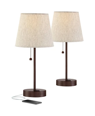 Justin Modern Accent Table Lamps 18 1/4" Tall Set of 2 with Usb Charging Ports Marbled Bronze Metal Oatmeal Drum Shade for Bedroom Living Room Ho