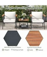 3 Pcs Patio Furniture Set with 2-Tier Coffee Table Acacia Wood Armrests Tabletop