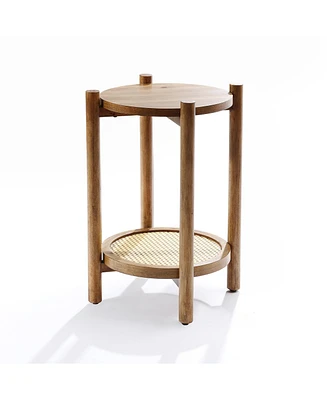 LuxenHome Chestnut Finish Pine and Mdf Wood Accent Round Table with Rattan Shelf