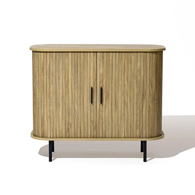LuxenHome Mid-Century Modern 2-Door Accent Cabinet with Slatted Sliding Doors