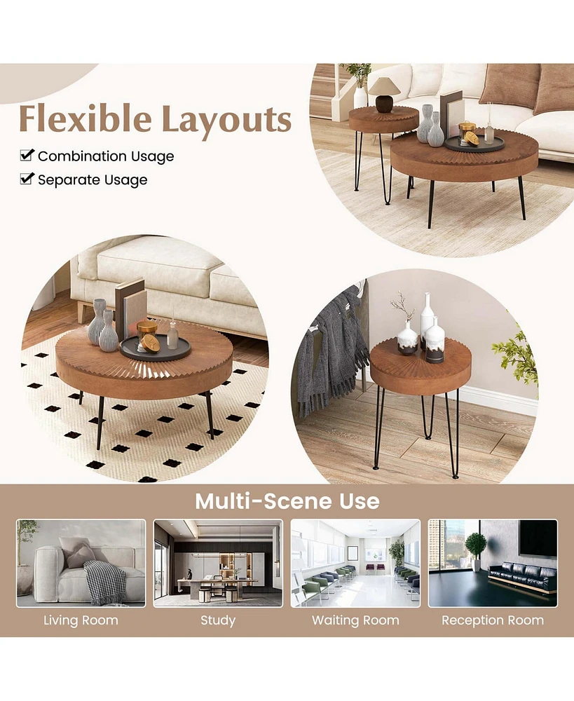 Costway Farmhouse Round CoffeeTable Set of 2 End Table Natural Finish for Living Room Coffee