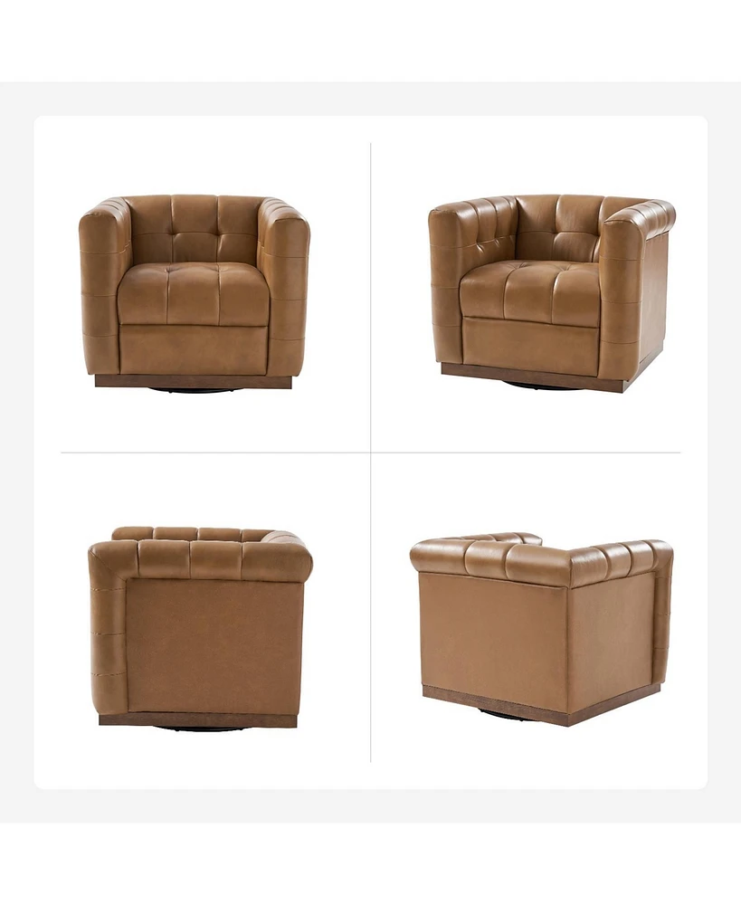 Gabriel Mid-Certury Modern Genuine Leather Swivel Club Chair with Genuine Leather