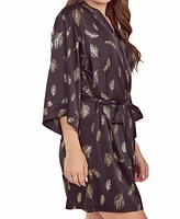 iCollection Plus Silky Self Tie Robe Feather Print