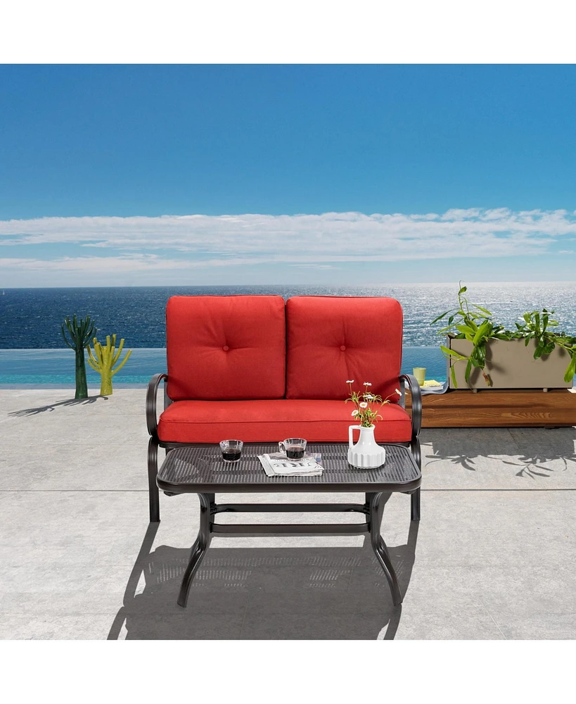 Sugift 2 Pieces Patio Outdoor Cushioned Coffee Table Seat-Red