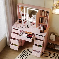Famapy Pink Modern Makeup Vanity Desk 9-Drawers Wood Dressing Table with 3 Mirrors, Hidden Storage Shelves, Led Lighted Lights