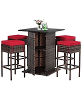 5 Pieces Patio Rattan Bar Furniture Set with Cushions and Hidden Storage Shelf