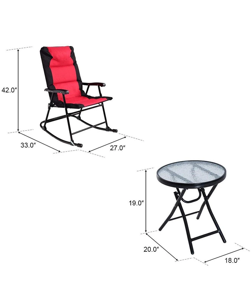 Sugift 3 Pieces Outdoor Folding Rocking Chair Table Set with Cushion