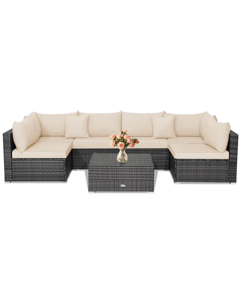 Costway 7PCS Patio Rattan Furniture Set Sectional Sofa Cushioned Garden Peacock