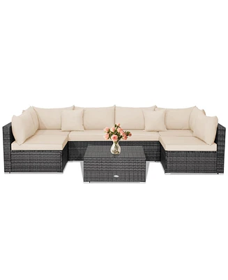 Costway 7PCS Patio Rattan Furniture Set Sectional Sofa Cushioned Garden Peacock