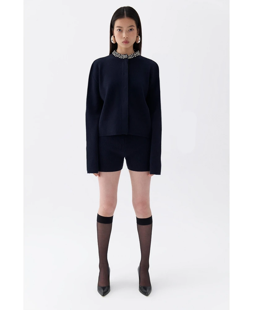 Nocturne Women's Shiny Stone Collar Knit Cardigan