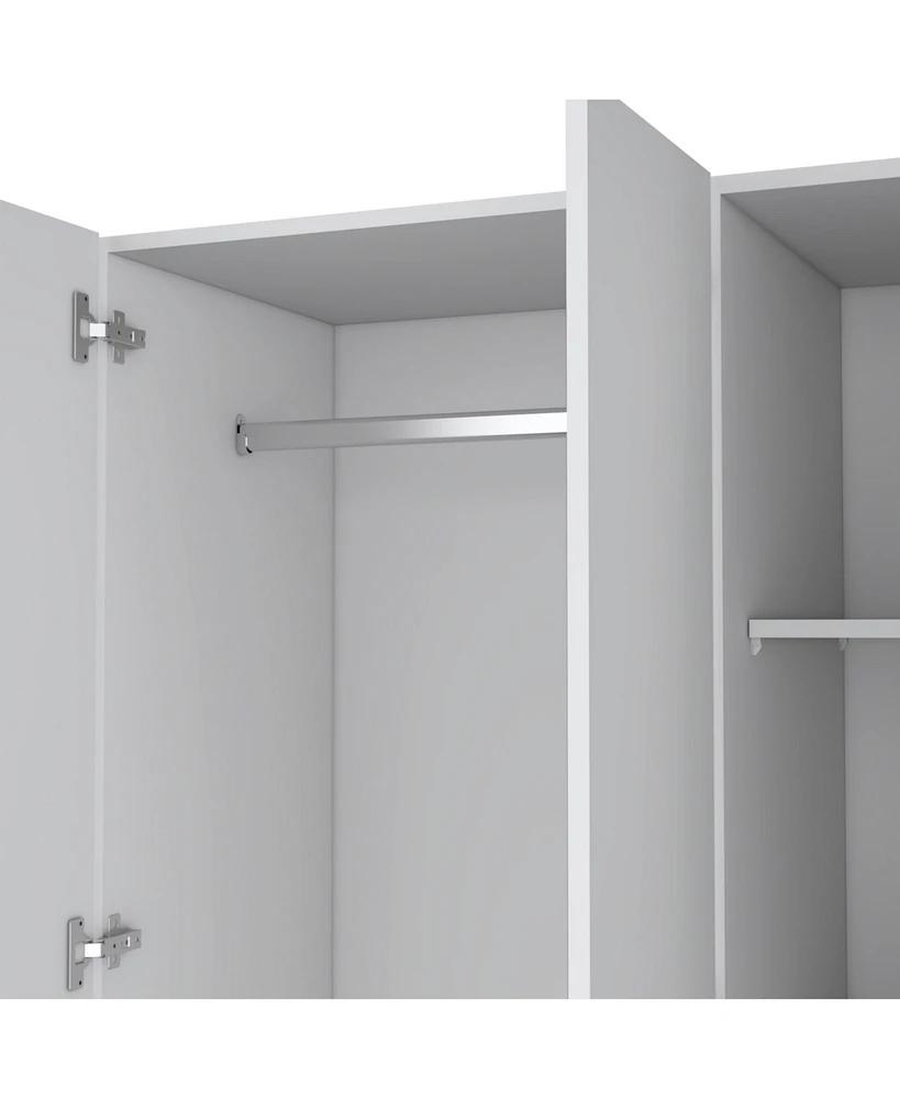 Troy wardrobe with 3 doors, one with mirror, two drawers, four shelves and hanging bar,White