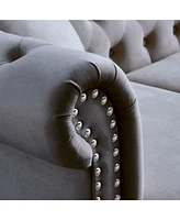 Grey Velvet Tufted 3-Seater Sofa with Pillows